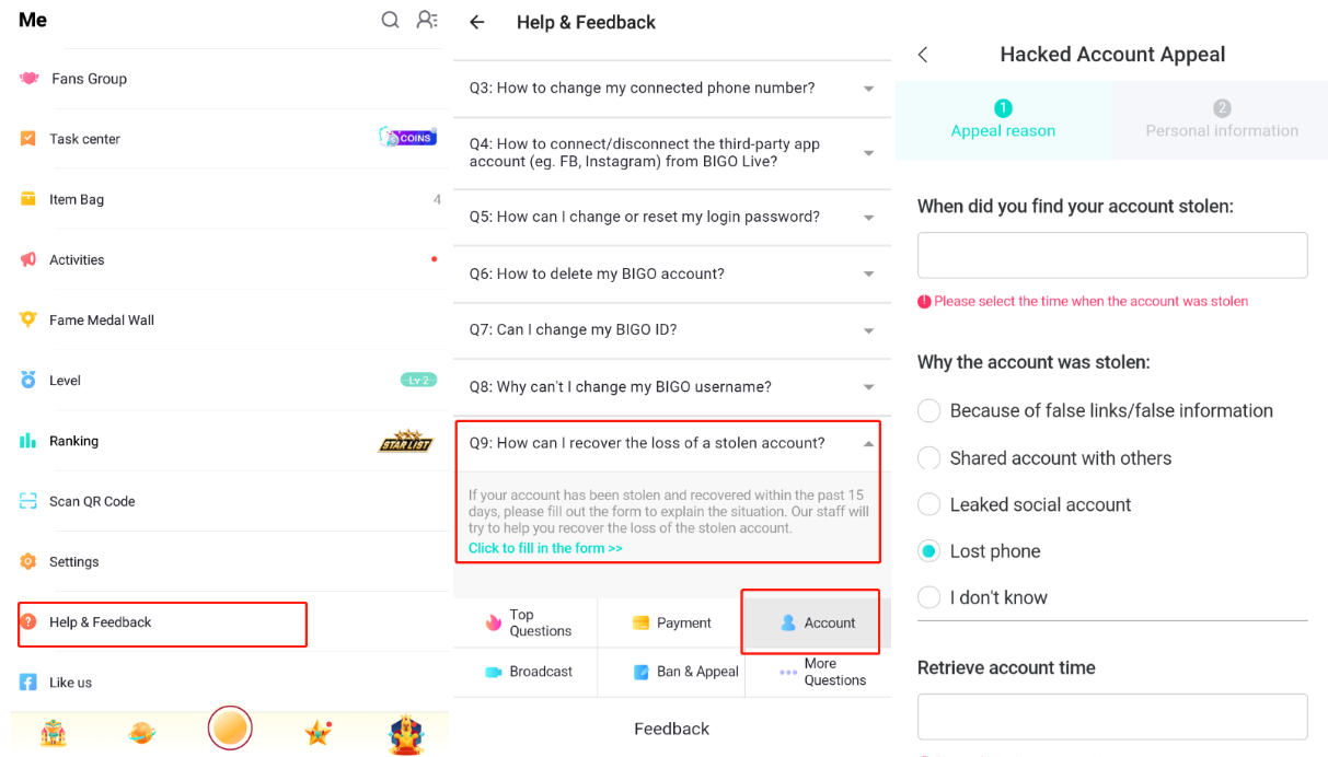 BIGO LIVE 被盗帐号损失追回表单画面 BIGO LIVE 被盗帐号损失追回表单画面